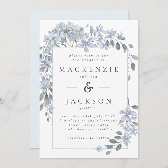 Blue Hydrangeas Frame Watercolor Wedding Invitation