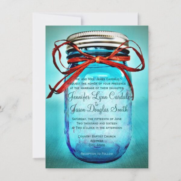 Blue Mason Jar Rustic Country Wedding Invitations