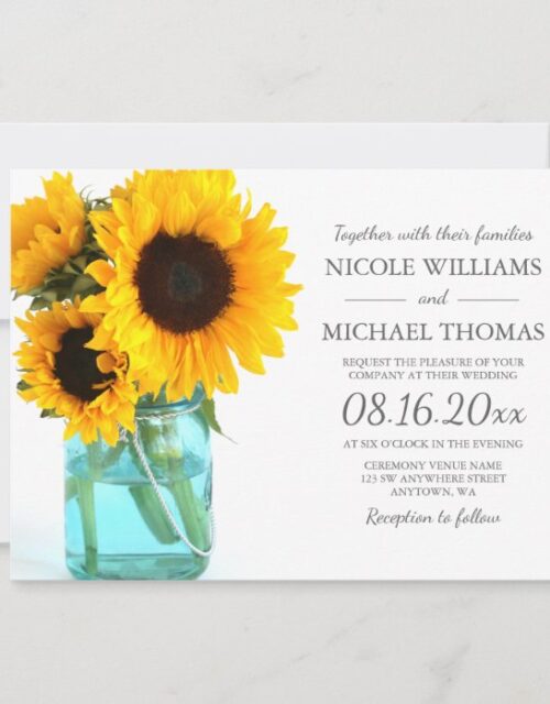 Blue Mason Jar Sunflowers Wedding Invitations