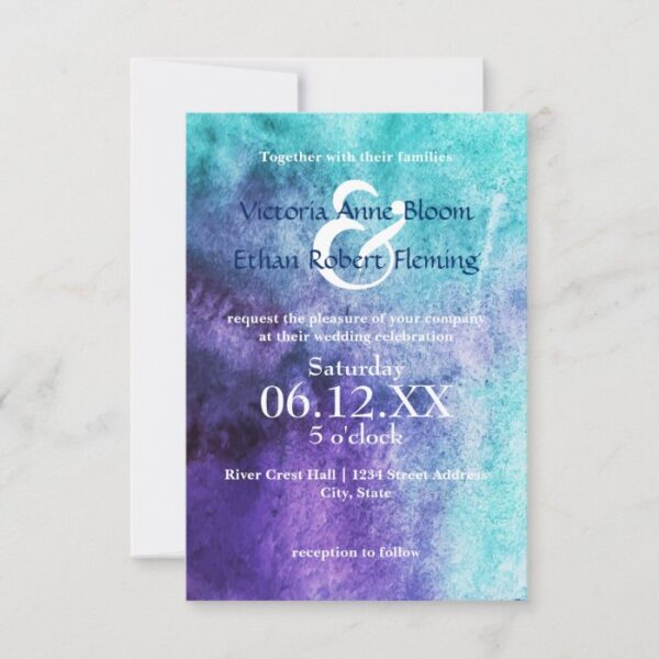 Blue on Purple Watercolor - 3x5 Wedding Invitation