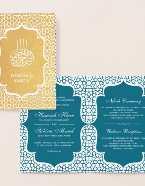 Blue Persian Gold Foil Muslim Wedding Invitation