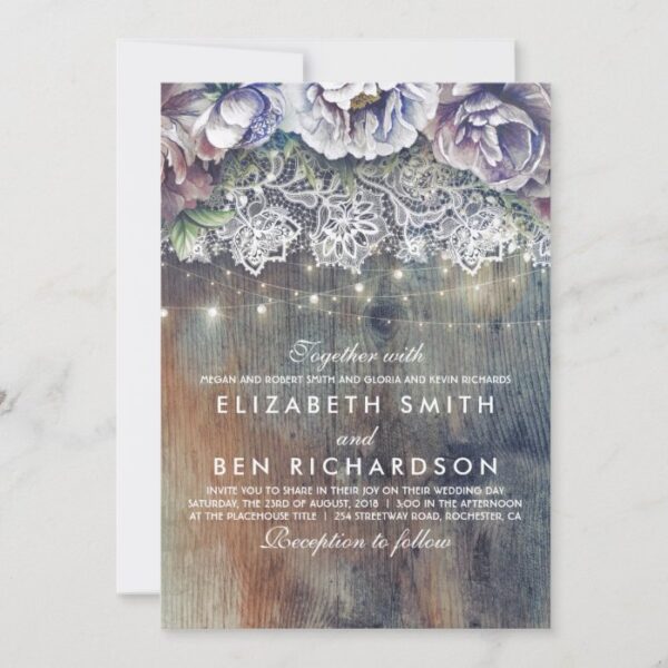 Blue Purple and Plum Vintage Floral Lace Wedding Invitation