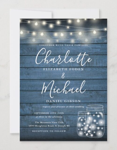 Blue Rustic Wood String Lights Mason Jars Wedding Invitation