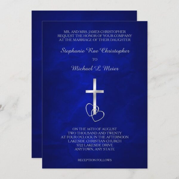 Blue Silver Christian Cross Wedding Invitation