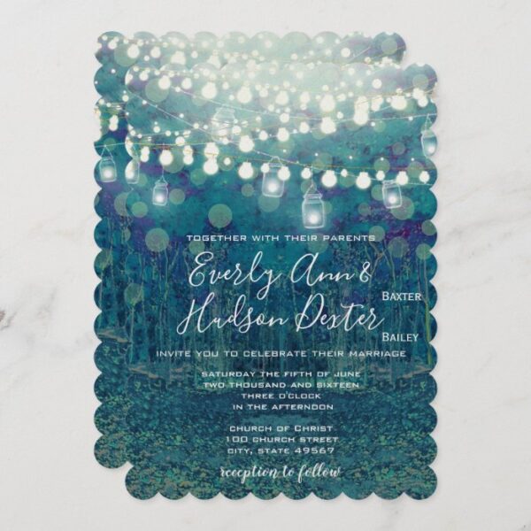Blue Teal Garland of Fairy Lights Forest Wedding Invitation