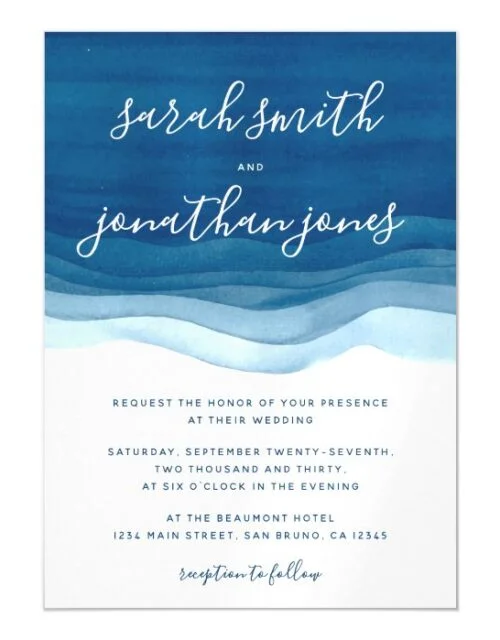 Blue Watercolor Waves & Script Wedding Invitation