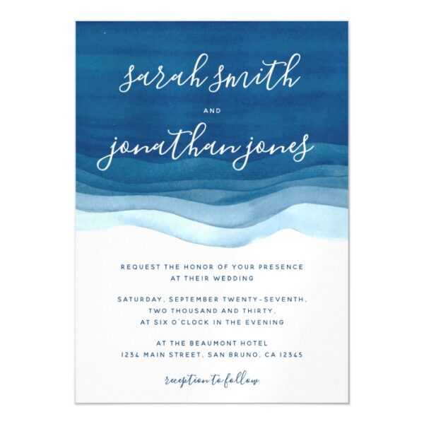 Blue Watercolor Waves & Script Wedding Invitation