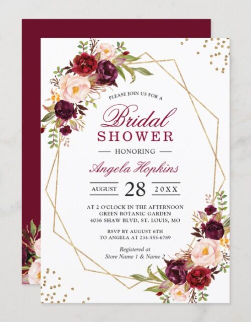 Blush Burgundy Floral Gold Frame Bridal Shower Invitation