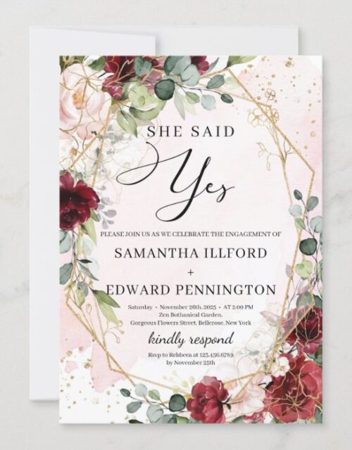 Blush burgundy floral gold she said yes engagement invitation