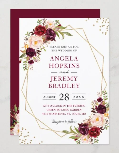 Blush Burgundy Floral Modern Gold Frame Wedding Invitation