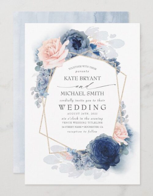 Blush Dusty and Navy Blue Floral Wedding Invitation