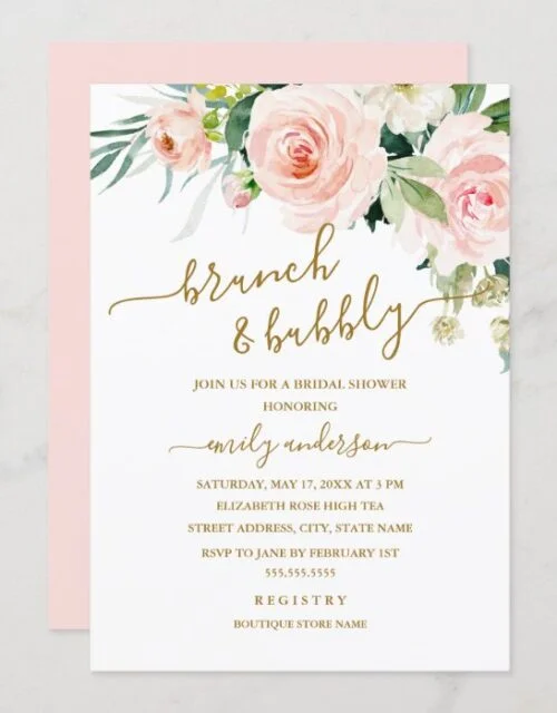 Blush Floral Brunch And Bubbly Bridal Shower Invitation