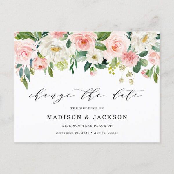 Blush Floral Change The Date Wedding Postponement Announcement Postcard