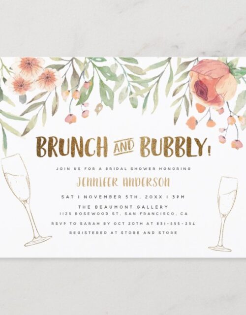 Blush Floral & Gold Brunch & Bubbly Bridal Shower Invitation Postcard