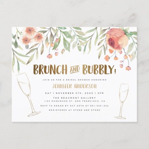 Blush Floral & Gold Brunch & Bubbly Bridal Shower Invitation Postcard
