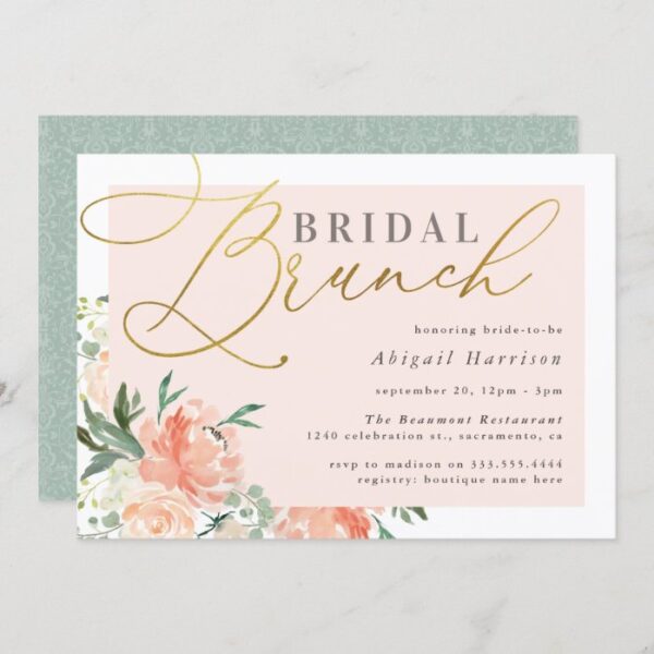 Blush Floral Gold Script Bridal Brunch Invitation