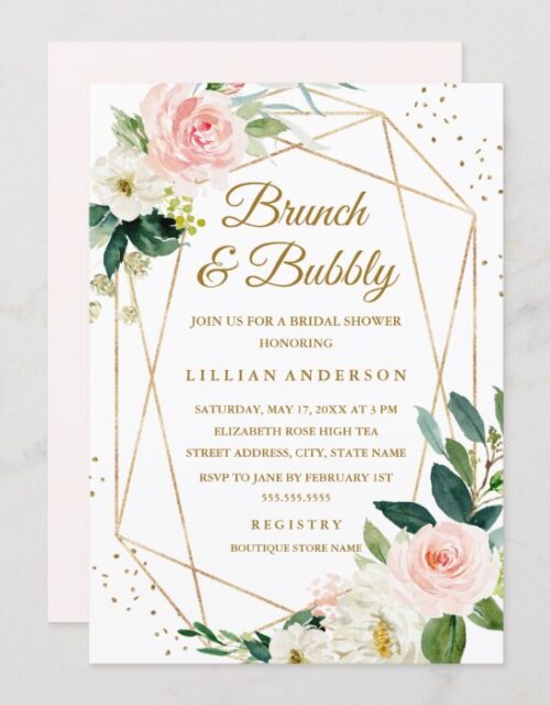 Blush Gold Floral Brunch And Bubbly Bridal Shower Invitation