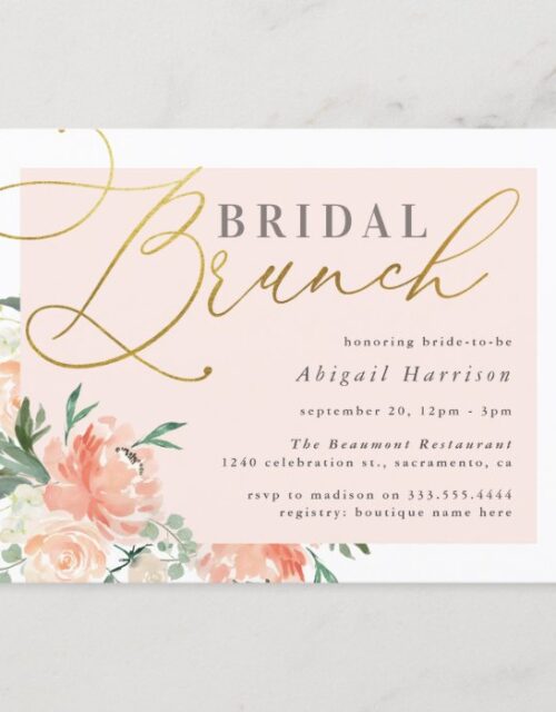 Blush & Gold Script Floral Bridal Brunch Invitation Postcard