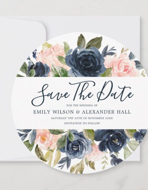 Blush & Navy Watercolor Florals Modern Wedding Save The Date