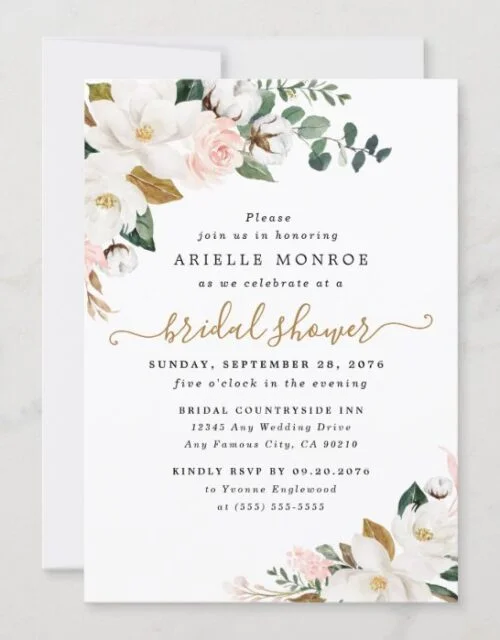 Blush Pink and White Magnolia Floral Bridal Shower Invitation