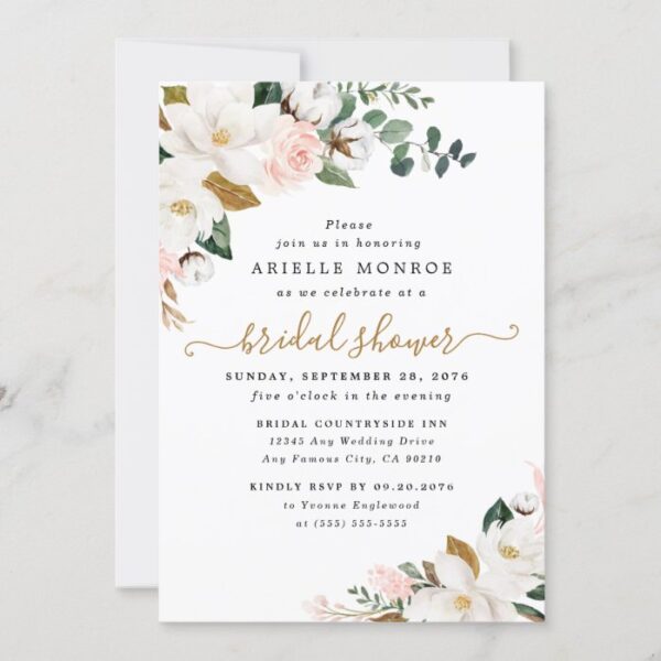 Blush Pink and White Magnolia Floral Bridal Shower Invitation