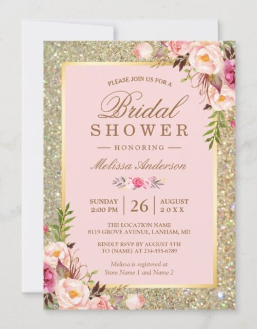 Blush Pink Floral Gold Sparkles Bridal Shower Invitation