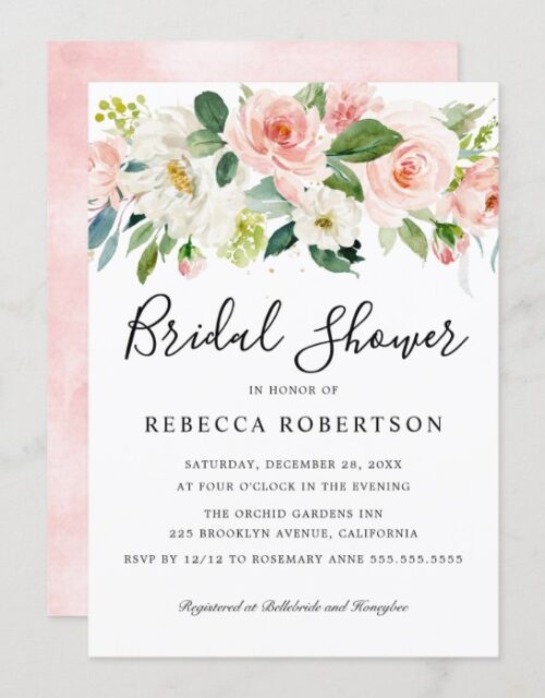 Blush Pink Florals Modern Botanical Bridal Shower Invitation