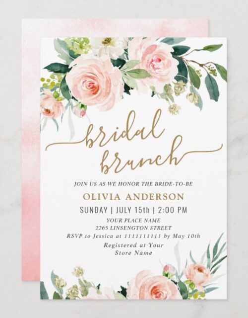 Blush Pink Flowers Watercolor Bridal Brunch Invitation