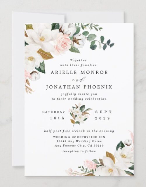 Blush Pink Gold and White Magnolia Floral Wedding Invitation