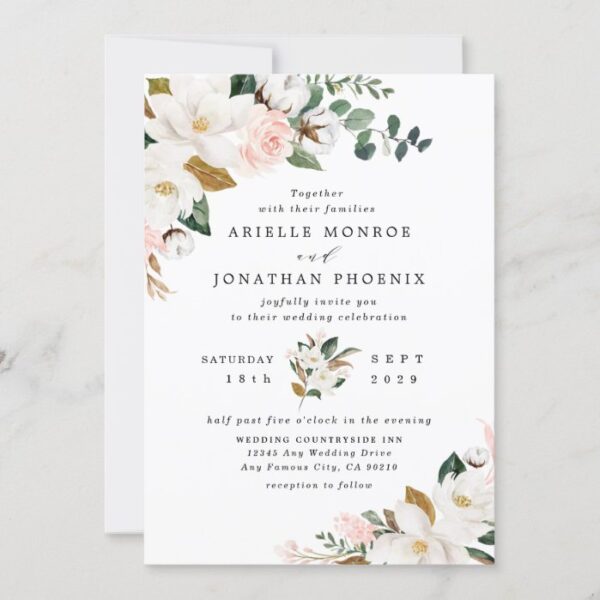 Blush Pink Gold and White Magnolia Floral Wedding Invitation