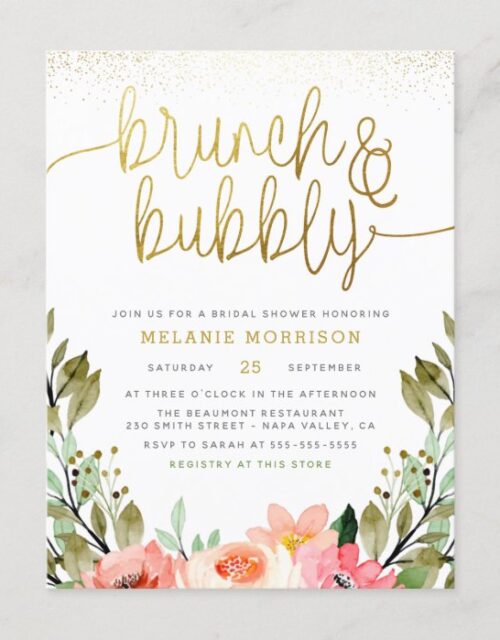 Blush Pink & Gold Brunch & Bubbly Bridal Shower Invitation Postcard