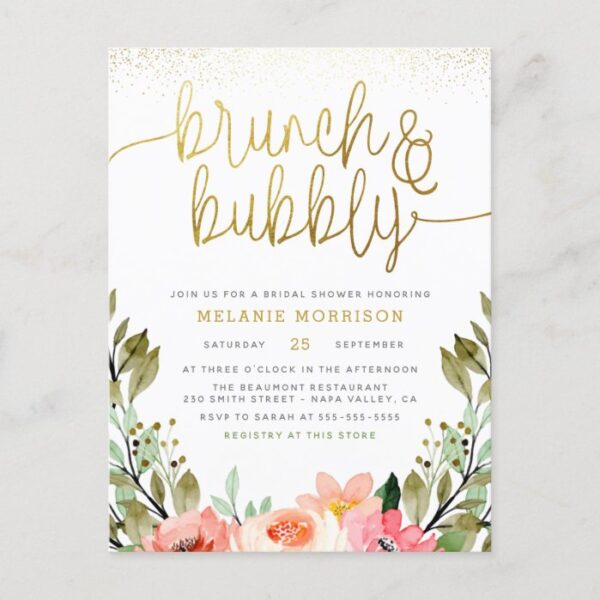 Blush Pink & Gold Brunch & Bubbly Bridal Shower Invitation Postcard