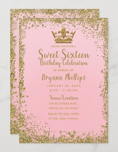 Blush Pink & Gold Glitter Crown Sweet 16 Party Invitation