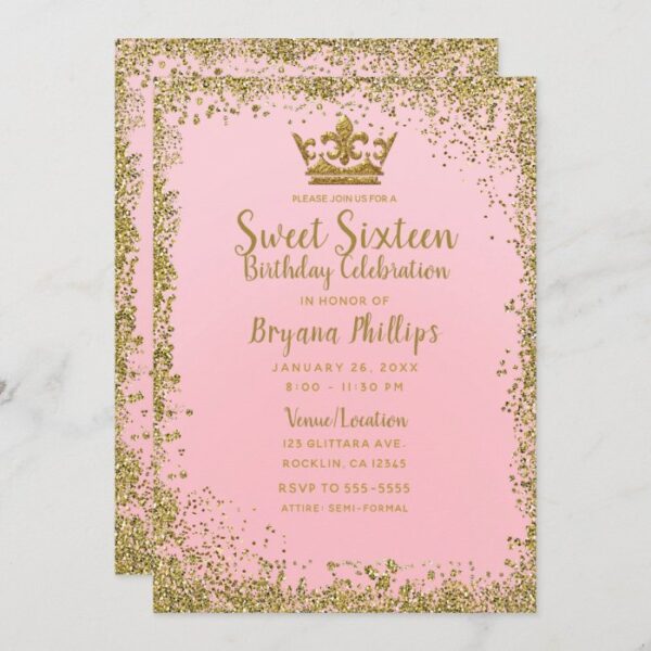 Blush Pink & Gold Glitter Crown Sweet 16 Party Invitation