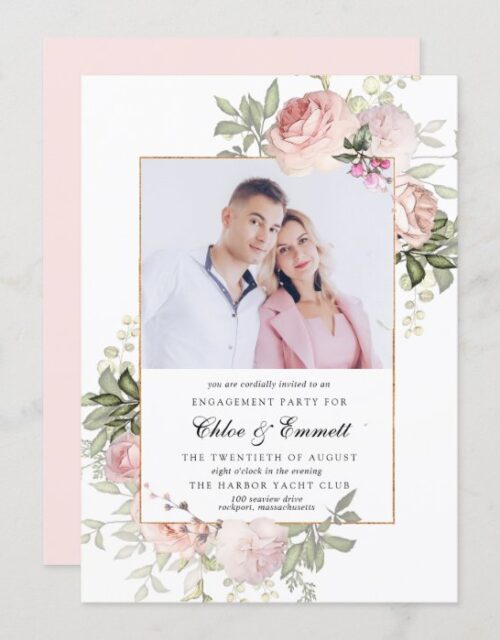 Blush Pink Rose Floral Engagement Party Photo Invitation