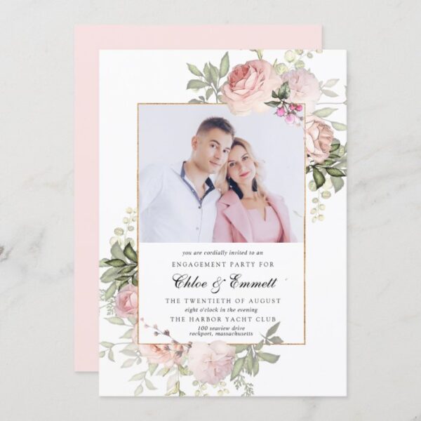 Blush Pink Rose Floral Engagement Party Photo Invitation