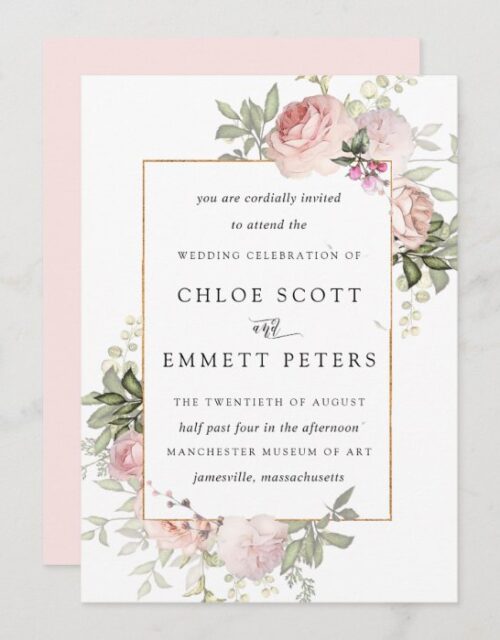 Blush Pink Rose Rustic Floral Wedding Invitation