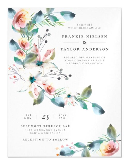 Blush Pink Watercolor Flowers Modern Wedding Magnetic Invitation