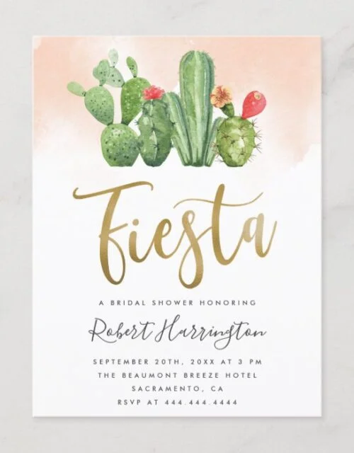 Blush Watercolor & Cactus Fiesta Bridal Shower Invitation Postcard