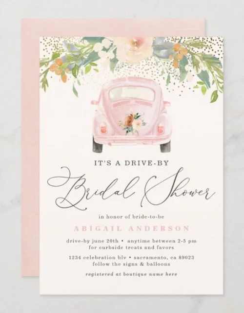 Blush Watercolor Floral Drive By Bridal Shower Invitation