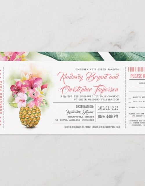 Boarding Pass Floral Pineapple Wedding Tickets Invitation