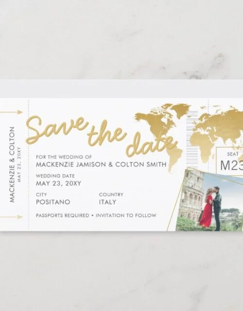 Boarding Pass Save the Date Photo World Map Gold