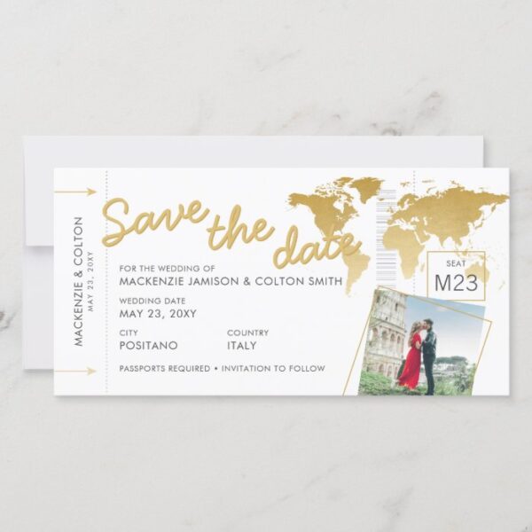 Boarding Pass Save the Date Photo World Map Gold