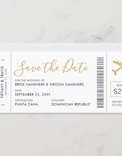 Boarding Pass Ticket Save the Date Gold Plane Card