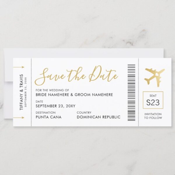 Boarding Pass Ticket Save the Date Gold Plane Card