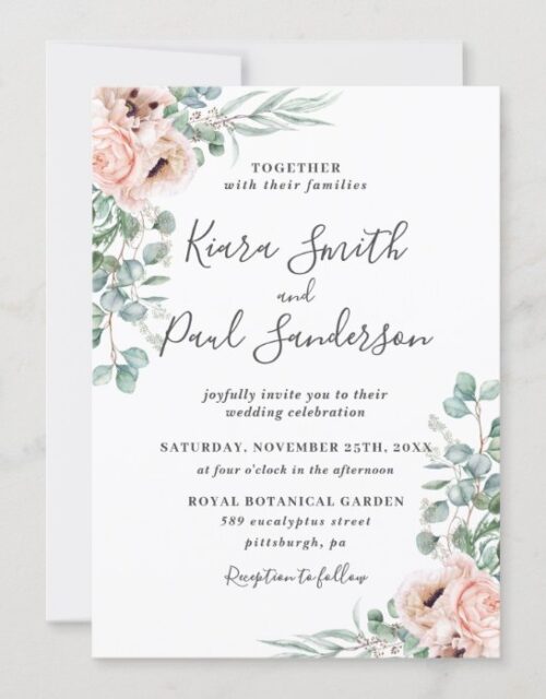 Boho Blush Dusty Pink Floral Eucalyptus Wedding Invitation