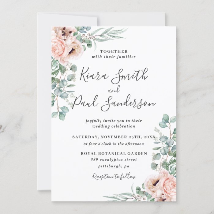 BLUSH PINK FLORAL WEDDING INVITATIONS DUSKY ROSE RUSTIC BOHO TIERED INVITES 
