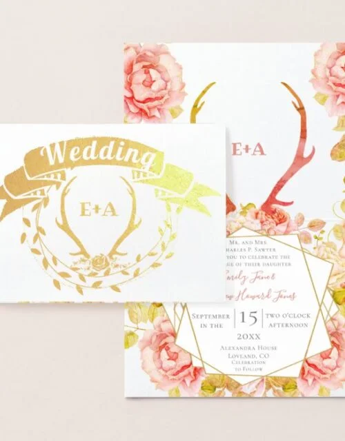 Boho Bohemian Deer Antler and Roses Pink Wedding i Foil Card