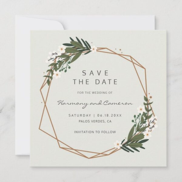 Boho Geometric Gold Frame Greenery Wedding Save The Date