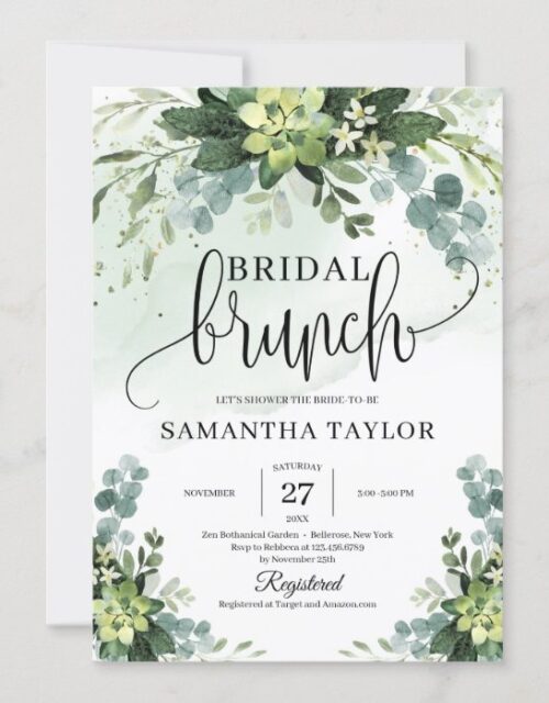 Boho greenery succulent foliage bridal brunch invitation